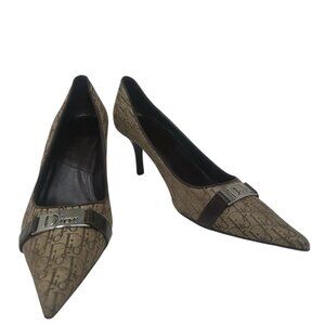 Christian Dior Brown Canvas Leather Monogram Logo Dior Plaque Heels Size 6 Y2K